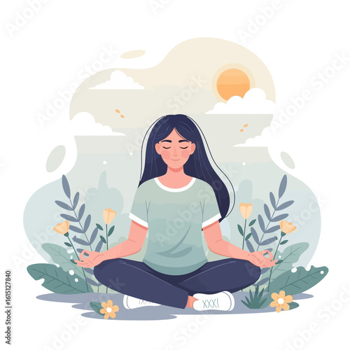 Woman meditating in lotus position outdoors surrounded by plants, under a sunny sky.