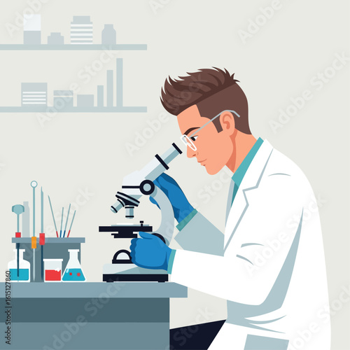 A scientist in a lab coat intently examines a microscope, surrounded by lab equipment.