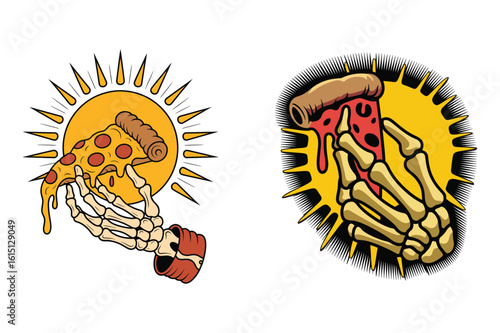 Skeleton hand holding pizza slice pepperoni cheese
