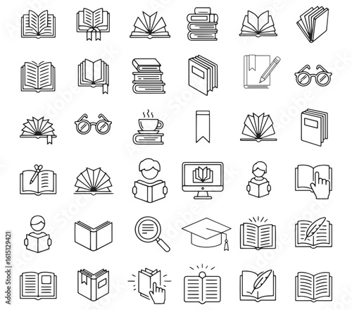 Vector art of a diverse collection of line art icons representing books, reading, and education