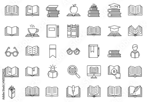 Vector art of a collection of diverse line art icons representing various aspects of reading and education