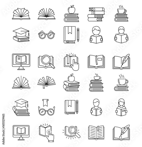 Vector art of a collection of diverse icons representing various aspects of reading and education, including books, graduation caps, and coffee cups