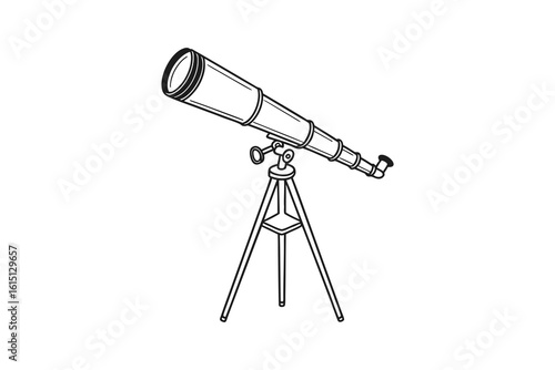 A detailed line drawing silhouette of a refracting telescope mounted on a tripod isolated on white background