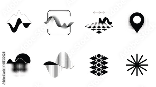 Collection of abstract geometric elements in black and white for modern minimalist design and graphic art creation and visual communication