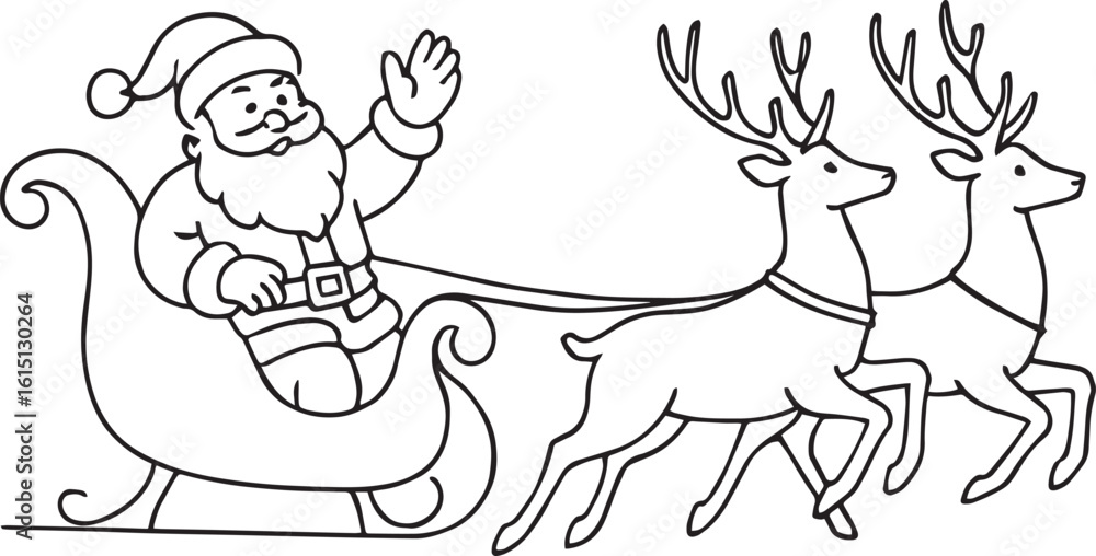Fototapeta premium Santa Claus Riding in Sleigh Pulled by Two Reindeer Festive Holiday Season Line Art