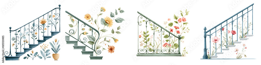 Obraz premium Watercolor Staircases with Floral Decorations - Four Designs