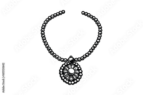 Elegant oval pendant necklace with intricate beadwork and a central gemstone silhouette isolated on white background