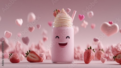 Cute strawberry milkshake with a smiling face and whipped cream, surrounded by floating hearts in a pastel pink setting with whole and sliced strawberries