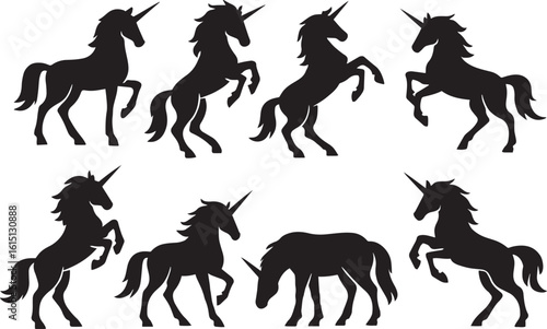 Elegant Unicorn Silhouettes Collection Featuring Majestic Horns, Graceful Poses, and Mythical Charm in Vector Format