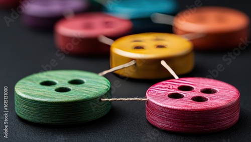 Colorful, round, wooden buttons of varying colors are connected by thin strings on a black surface, creating a network-like structure. Focus on the foreground buttons
