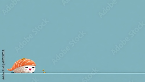 Adorable sushi character with salmon topping and a smiling face, placed on a flat surface against a solid blue background