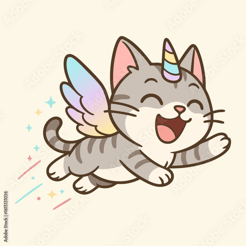 A line illustration of a flying unicorn cat wearing rainbow wings, smiling happily