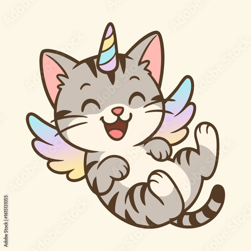 A line illustration of a calm unicorn cat sitting with its eyes closed, with rainbow wings resting on its back