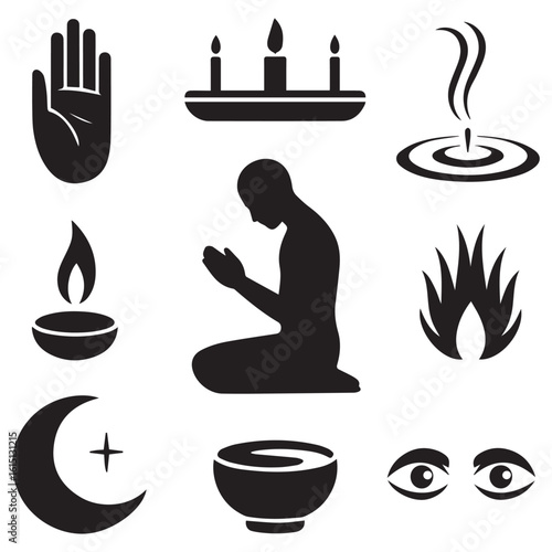 Collection of islamic religious symbols and icons representing prayer meditation faith and spirituality in black silhouette