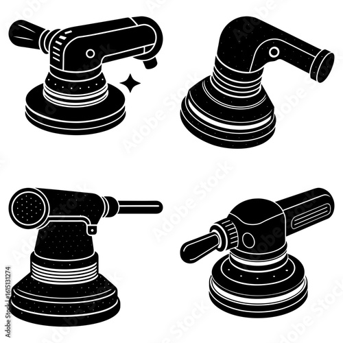 Illustration showcasing four distinct black and white orbital sanders in varied orientations and styles