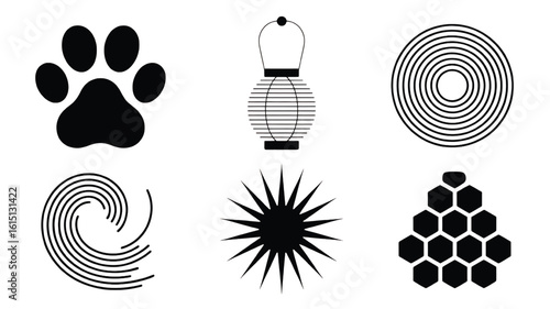 Minimalist Black and White Icon Set Diverse Vector Collection Graphic Design Elements Simplicity Style Paw Print Lantern Spiral Honeycomb Starburst
