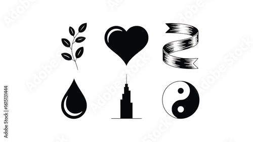 Monochrome Design Elements Collection Featuring Nature Symbolism Love Emblem Modern Architecture and Ancient Philosophical Concepts for Creative Visuals