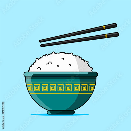 Bowl of Rice with Chopsticks Vector Illustration Flat Design