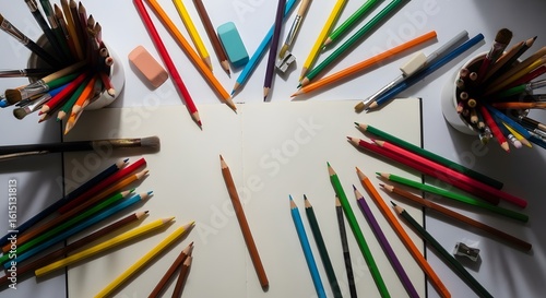 Colorful Pencils Framing Open Sketchbook on White Surface