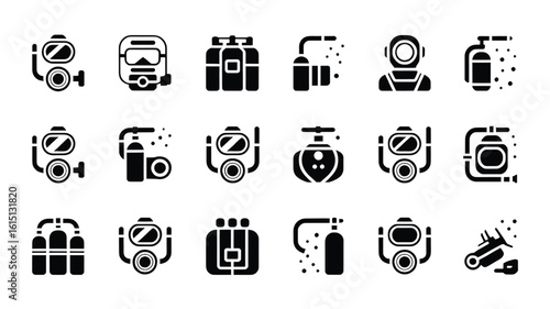 Scuba Diving Equipment Icons Set Underwater Adventure and Exploration Symbols for Water Sports Enthusiasts
