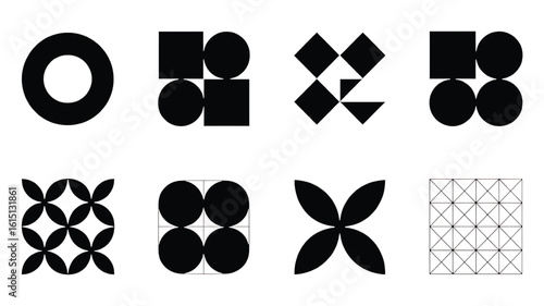 Collection of Abstract Geometric Shapes in Black and White Minimalist Design for Pattern Backgrounds and Creative Projects