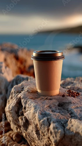Enjoying coffee at sunset by the sea with stunning natural scenery in the background near the rocky shore