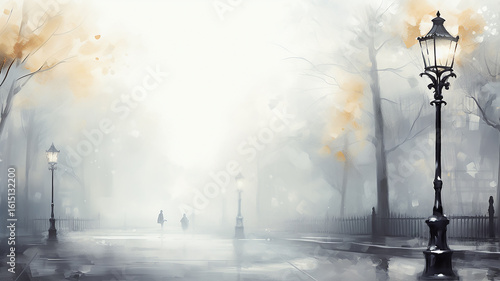 autumn watercolor light gray background, street lamp on a blurry background copy  space blank greeting form