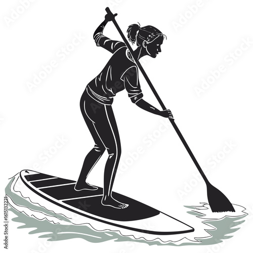 Woman paddleboarding on the water with a paddle, black and white illustration
