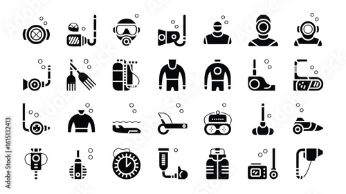 Collection of Black Silhouette Scuba Diving Equipment and Underwater Tools Flat Vector Illustration Set Isolated on White Background