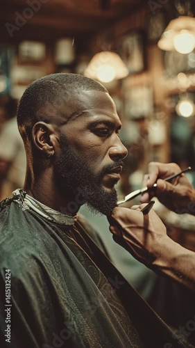 Man getting grooming services in barbershop with classic decor, captured in the evening hours at a local establishment