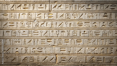 Ancient Egyptian hieroglyphs carved into stone wall