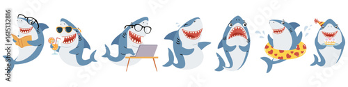 Set of flat vector illustrations in simple style. Cute sharks in different situations and poses. Vector illustration