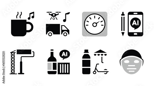 Collection of diverse vector icons representing various concepts like delivery construction technology artificial intelligence and daily life essentials