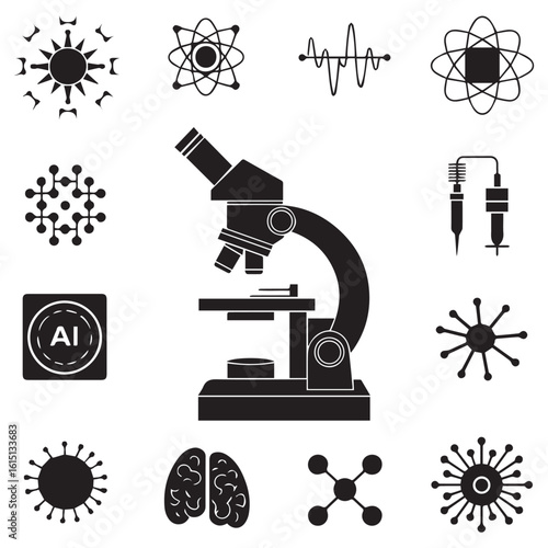 Collection of scientific icons and symbols including a microscope atoms molecules dna brain and viruses representing research and discovery