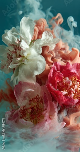 Delicate blooms of pink, red, and white surrounded by ethereal smoke against a teal backdrop, creating a dreamy, painterly effect