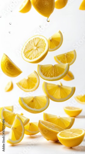 Slowly floating lemons on white background vertical video — fresh citrus fruit levitating with smooth motion for clean and minimal tropical visuals. High quality FullHD footage
