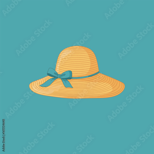 A light beige straw sun hat with a teal ribbon bow, presented on a teal background.