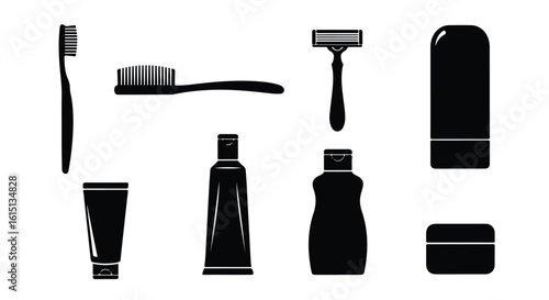 Vector silhouette illustration set. Collection of black silhouette personal care items including toothbrushes, toothpaste, a razor, shampoo, lotion, and cream