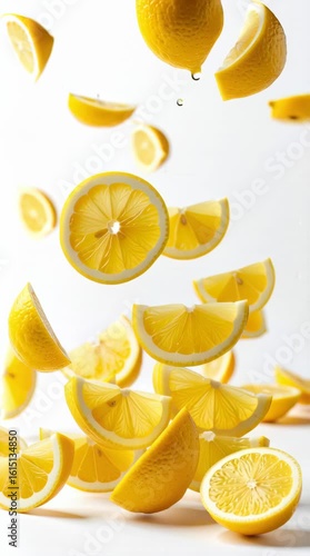 Slowly floating lemons on white background vertical video — fresh citrus fruit levitating with smooth motion for clean and minimal tropical visuals. High quality FullHD footage
