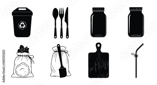 Vector silhouette illustration set. Collection of ecofriendly kitchen and household items, including a recycling bin, cutlery, jars, bags, a cutting board, and a straw