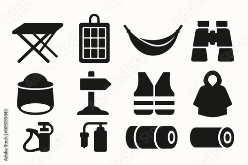 Camping and hiking solid icon set. outdoor adventure icons solid collection