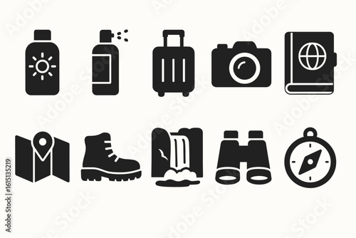 Travel and tourism solid icon set for vacation and trip planning essentials