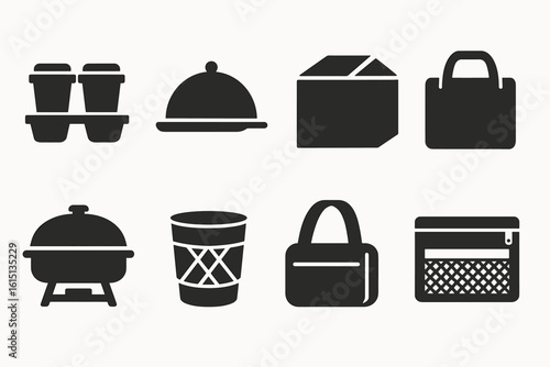 Food delivery silhouette icon set. restaurant, takeaway, meal, courier silhouettes
