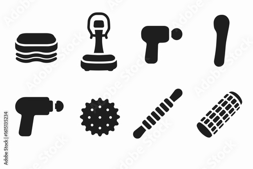 Fitness equipment silhouette icon set. essential workout, gym, training silhouettes