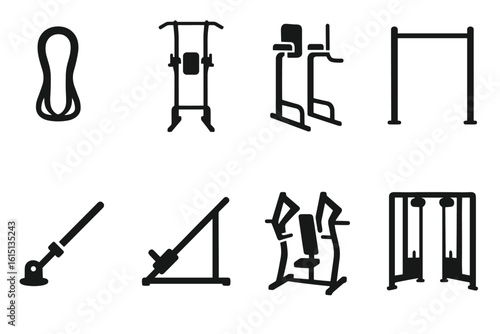Fitness equipment silhouette icon set. gym, exercise, workout icons for active lifestyles