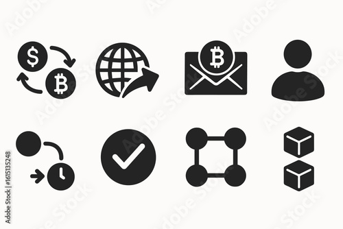 Finance and communication solid icon set. money, email, blockchain icons solid collection