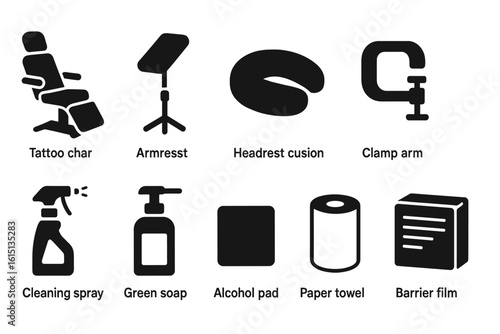 Tattoo tools solid icon set. essential equipment in solid style for studios