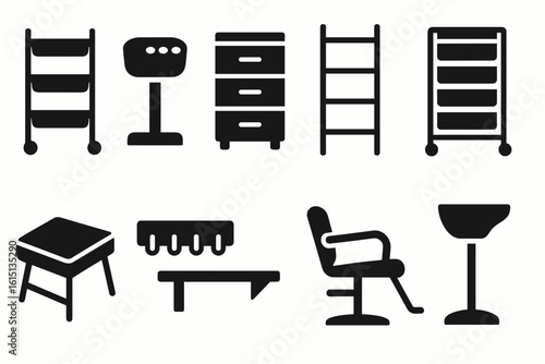 Beauty and hairdressing silhouette icon set. salon equipment, tools, and furniture icons