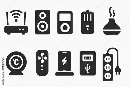 Technology, smart home solid icon set. gadgets, devices symbols collection