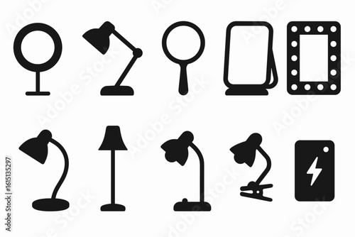 Mirror and lamp silhouette icon set. home decor and lighting silhouette collection